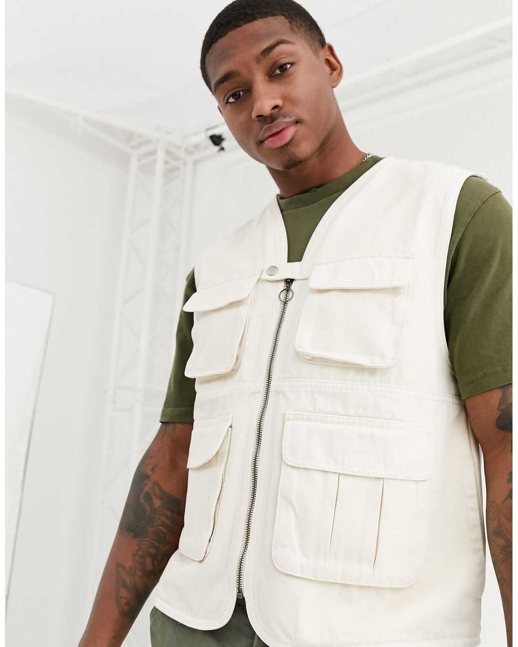 Bershka Denim Utility Gilet in Natural 