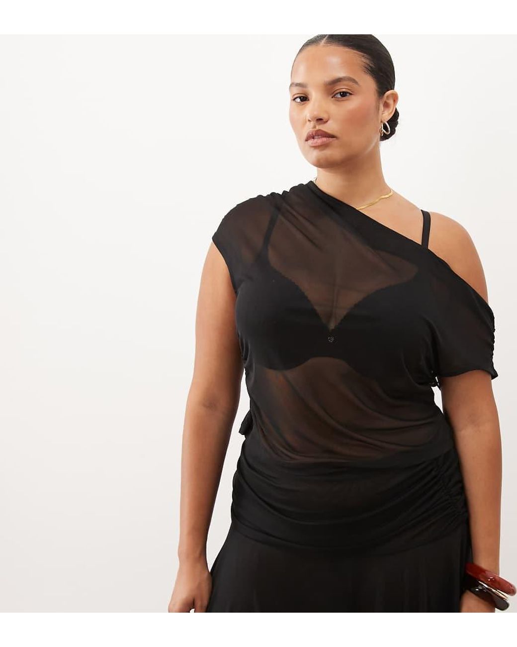 ASOS Black Asos Design Curve Sheer Mesh Ruched One Shoulder Asymmetric Top