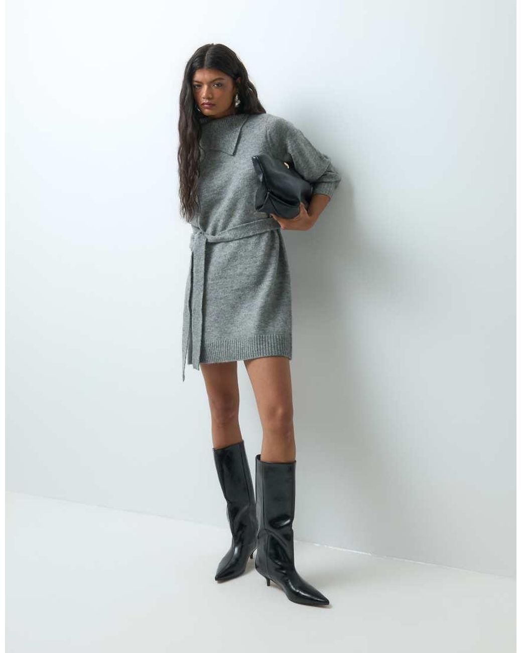 Vero Moda Blue Long Sleeve Split Neck Knitted Mini Dress With Tie Waist