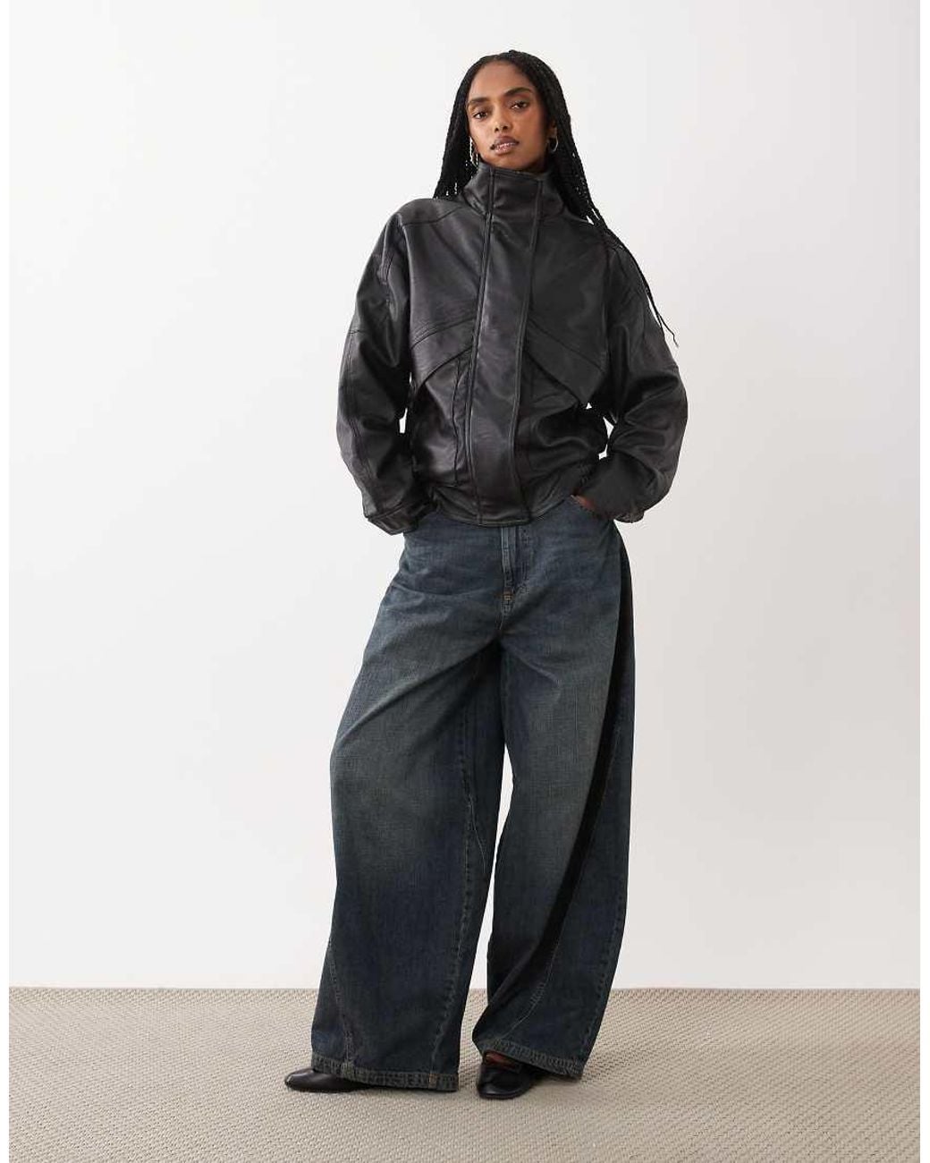 Cotton On Black Faux Leather Funnel Neck Bomber