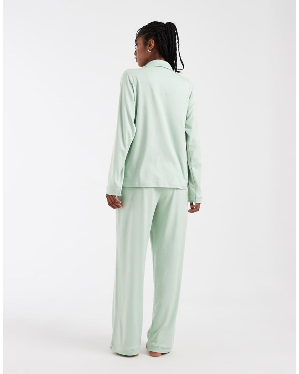 Loungeable Green Super Soft Jersey Revere Top And Wide Leg Pyjama Set