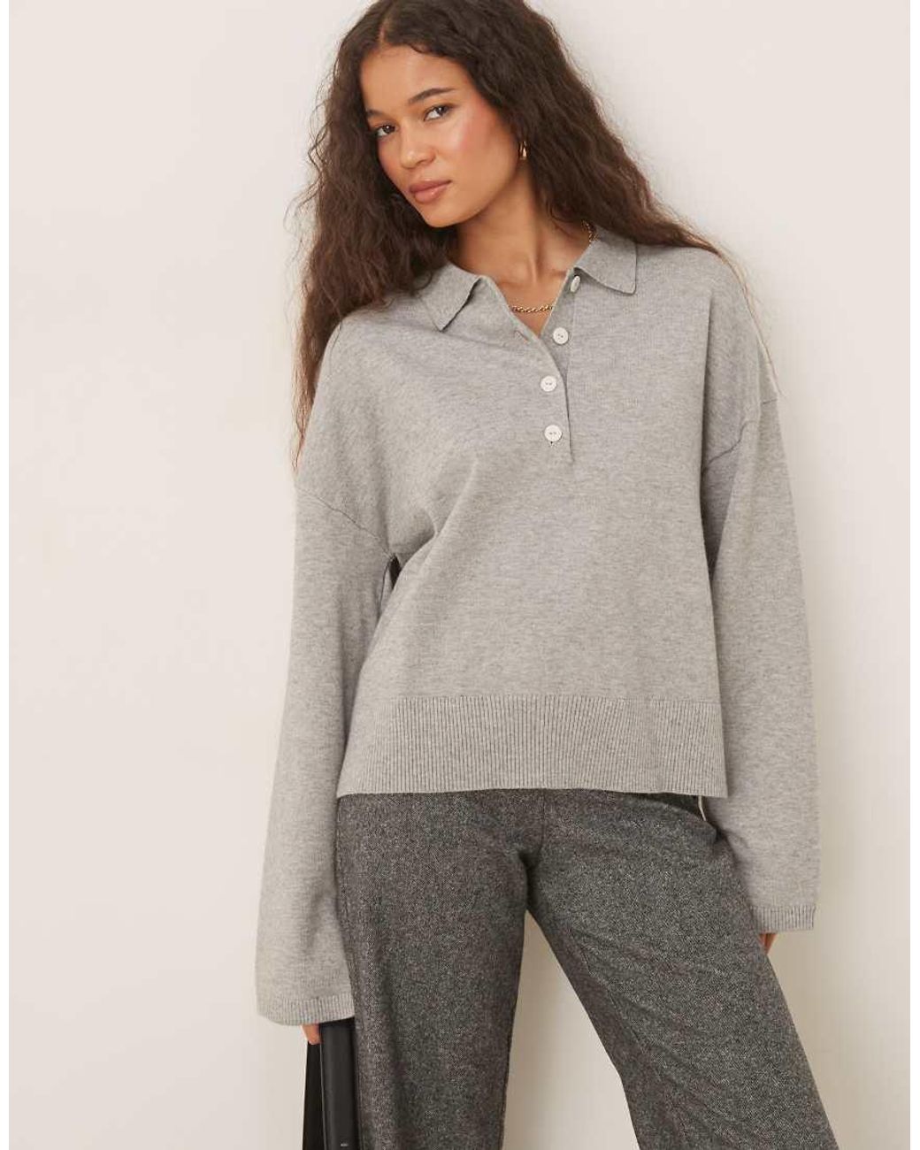 Gina Tricot Gray Long Sleeve Collar Knitted Sweater