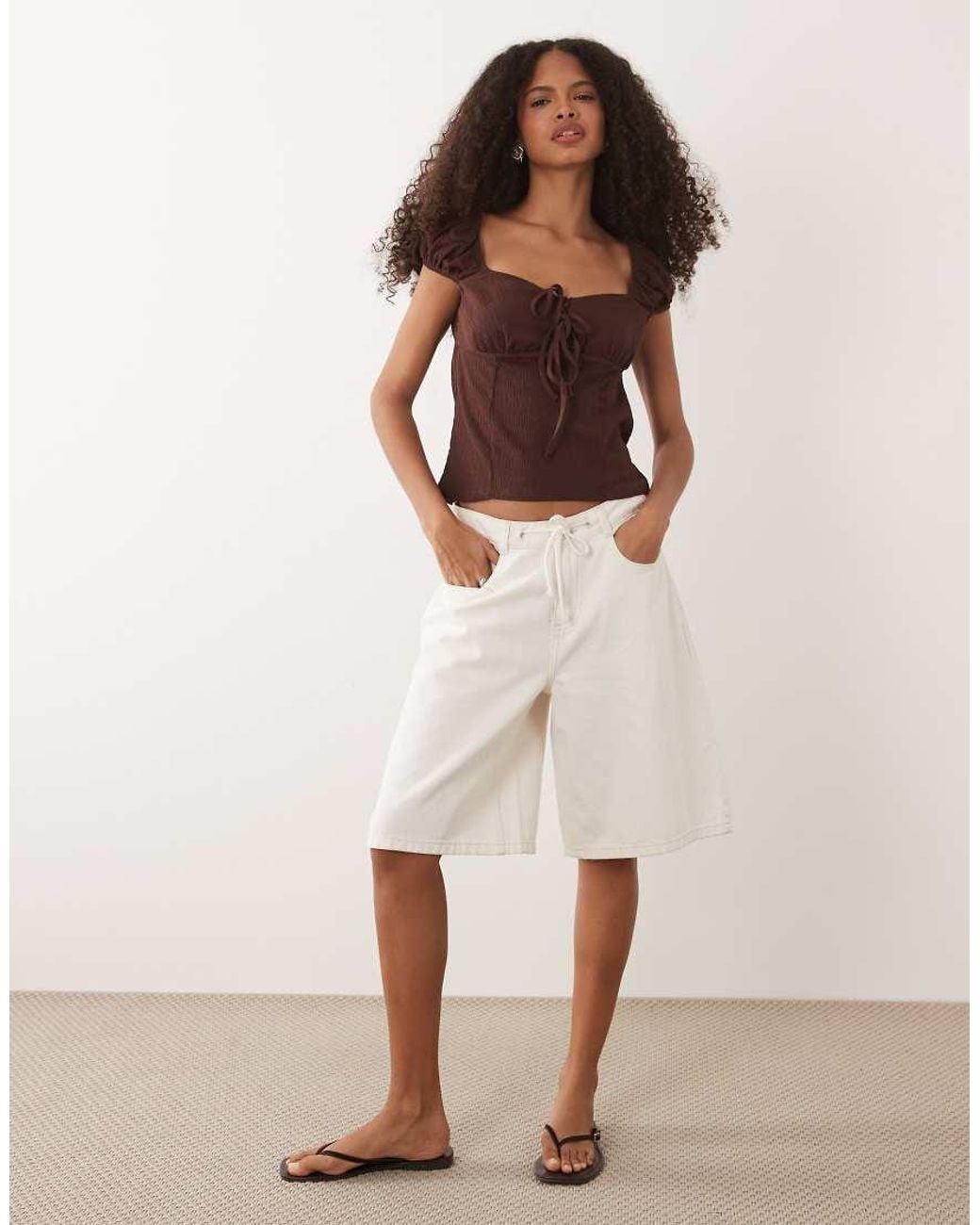 ASOS Brown Textured Puff Sleeve With Tie Up Detail Top