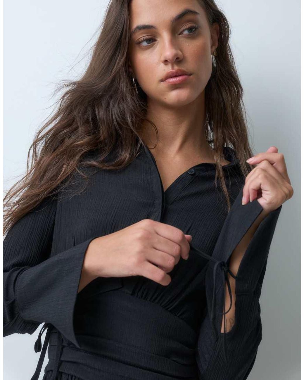 BRONZE SNAKE Gray Mini Shirt Dress With Tie Waist