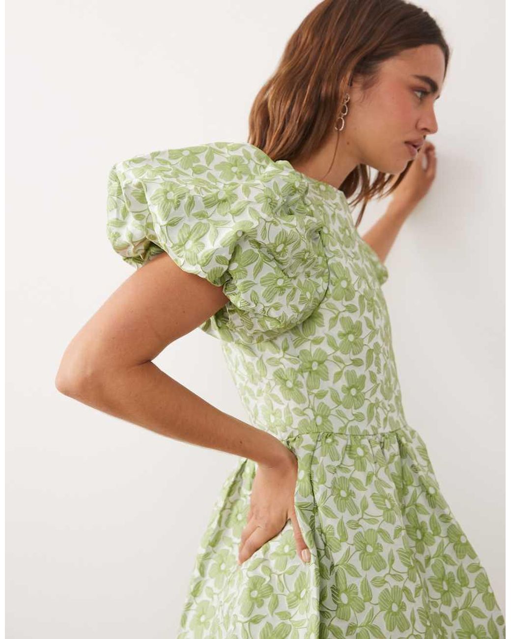 Sister Jane Green Freja Jacquard Round Neck Puff Sleeve Mini Dress