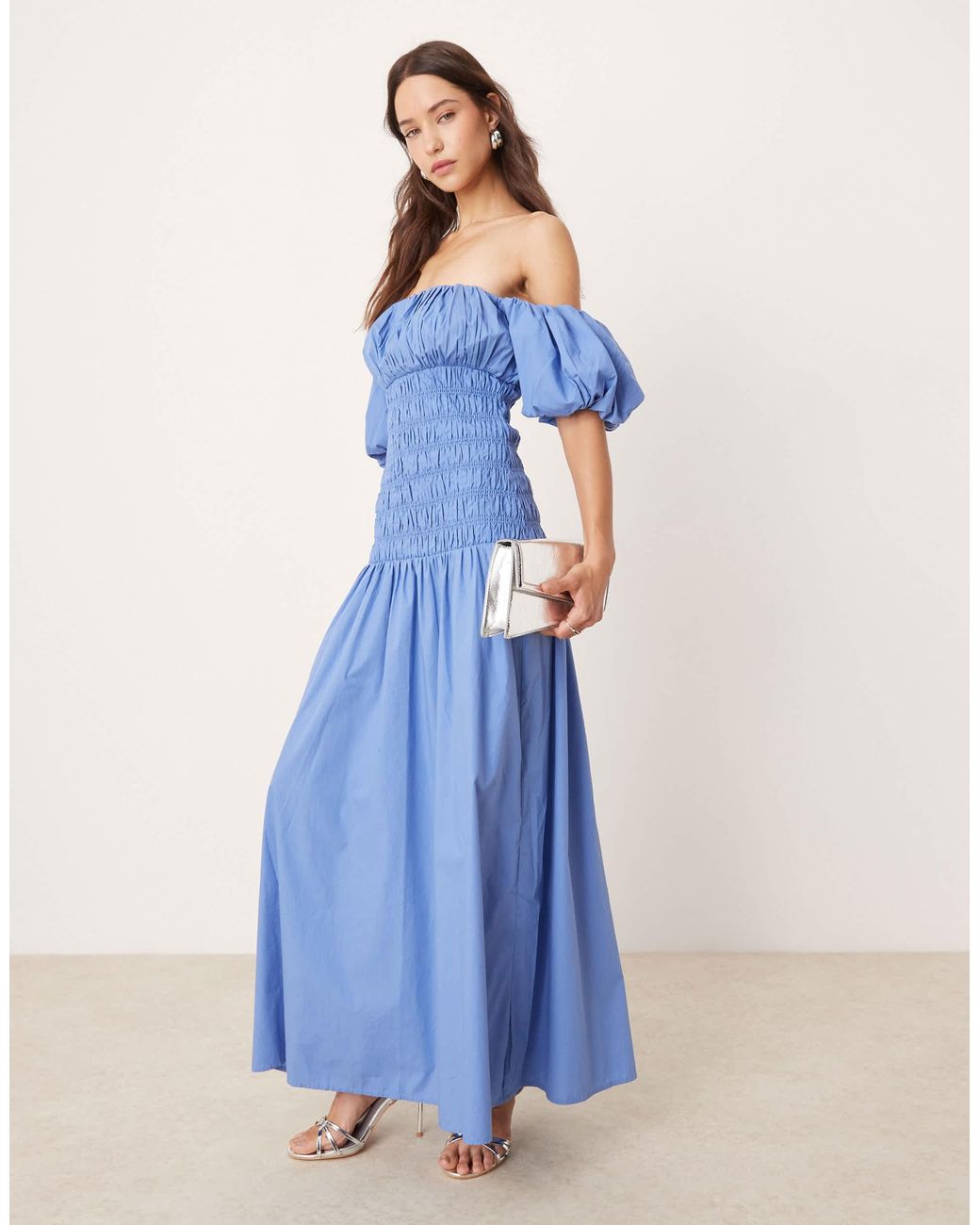 Abercrombie & Fitch Off The Shoulder Smocked Low Waist Maxi Dress in Blue |  Lyst