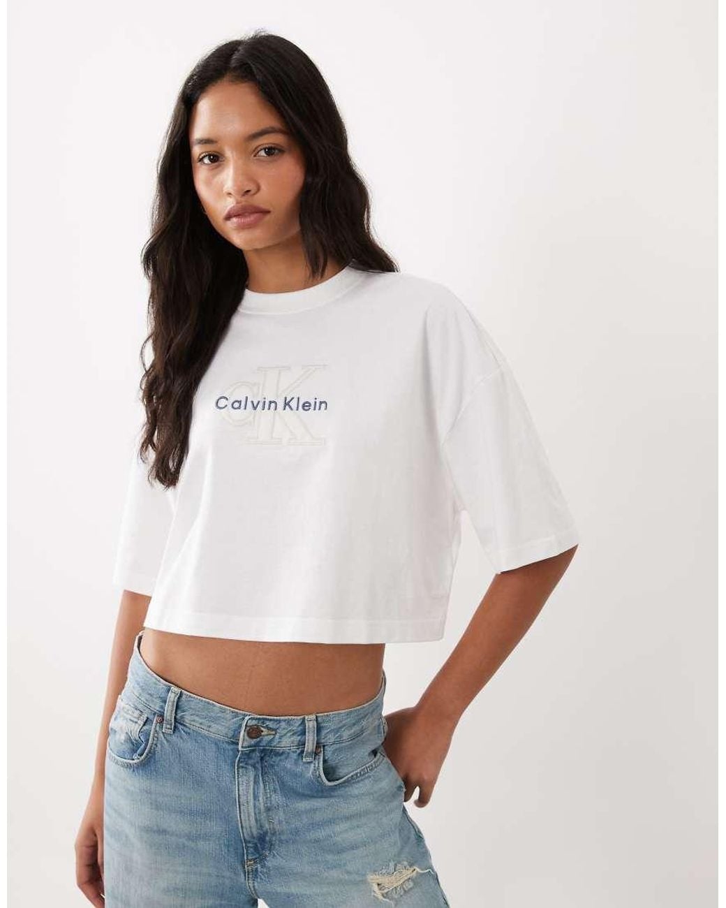 Calvin Klein White Monologo Cropped T-Shirt With Denim Applique Logo