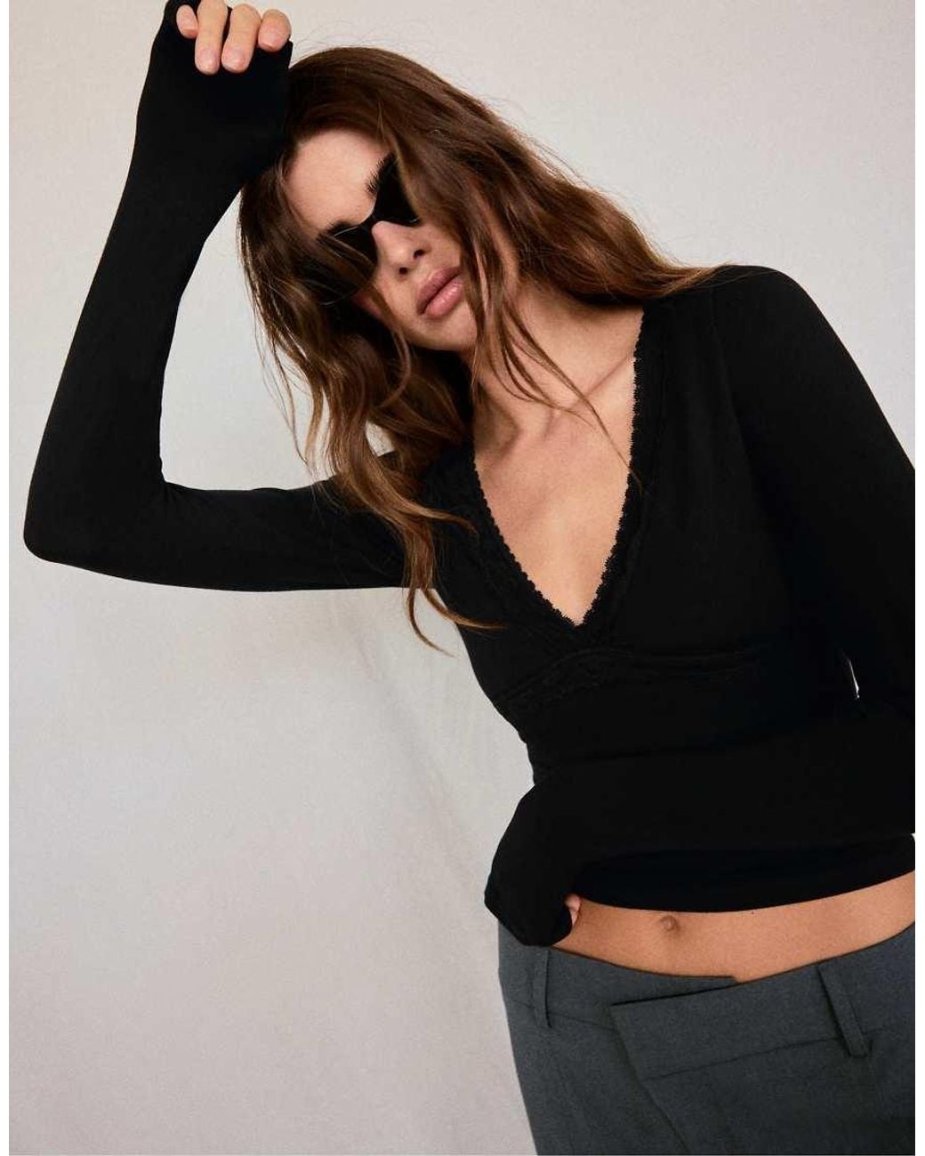 Stradivarius Black Long Sleeve V-neck Lace Top