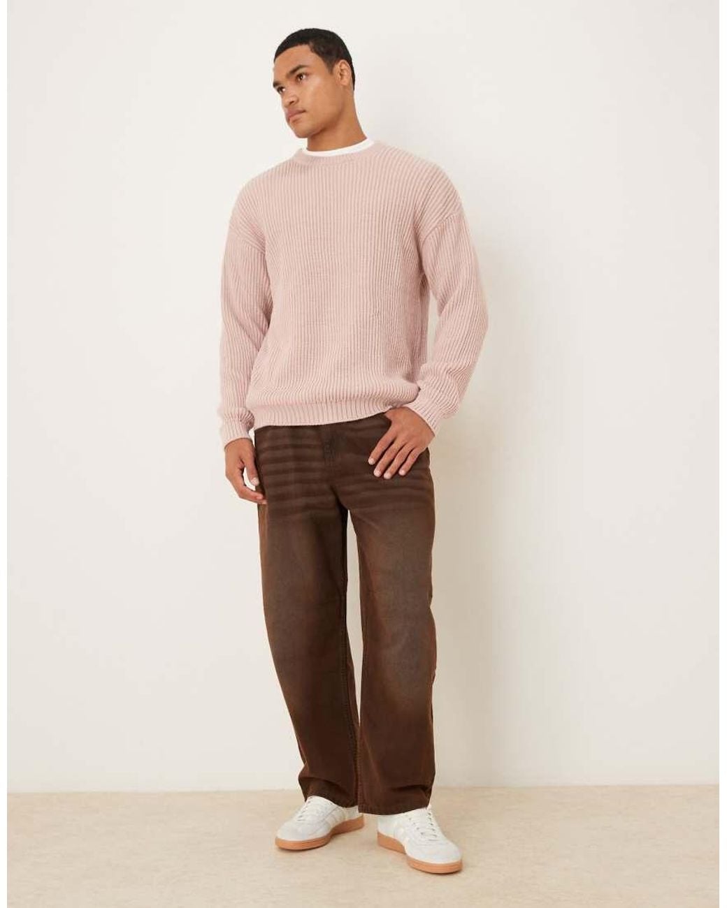 ASOS Pink Relaxed Long Sleeve Knitted Crew Neck Rib Jumper for men
