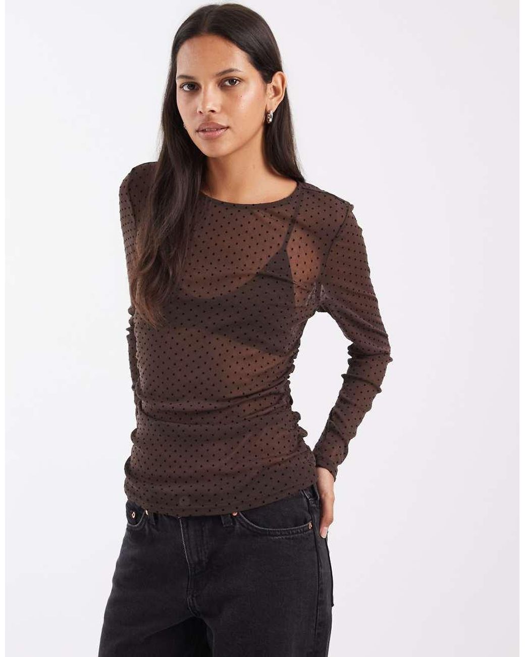 Pieces Brown Long Sleeve Polka Dot Sheer Mesh Top