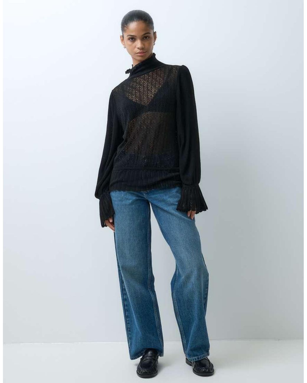 ASOS Black Knitted Semi-sheer Pointelle Knit Sweater