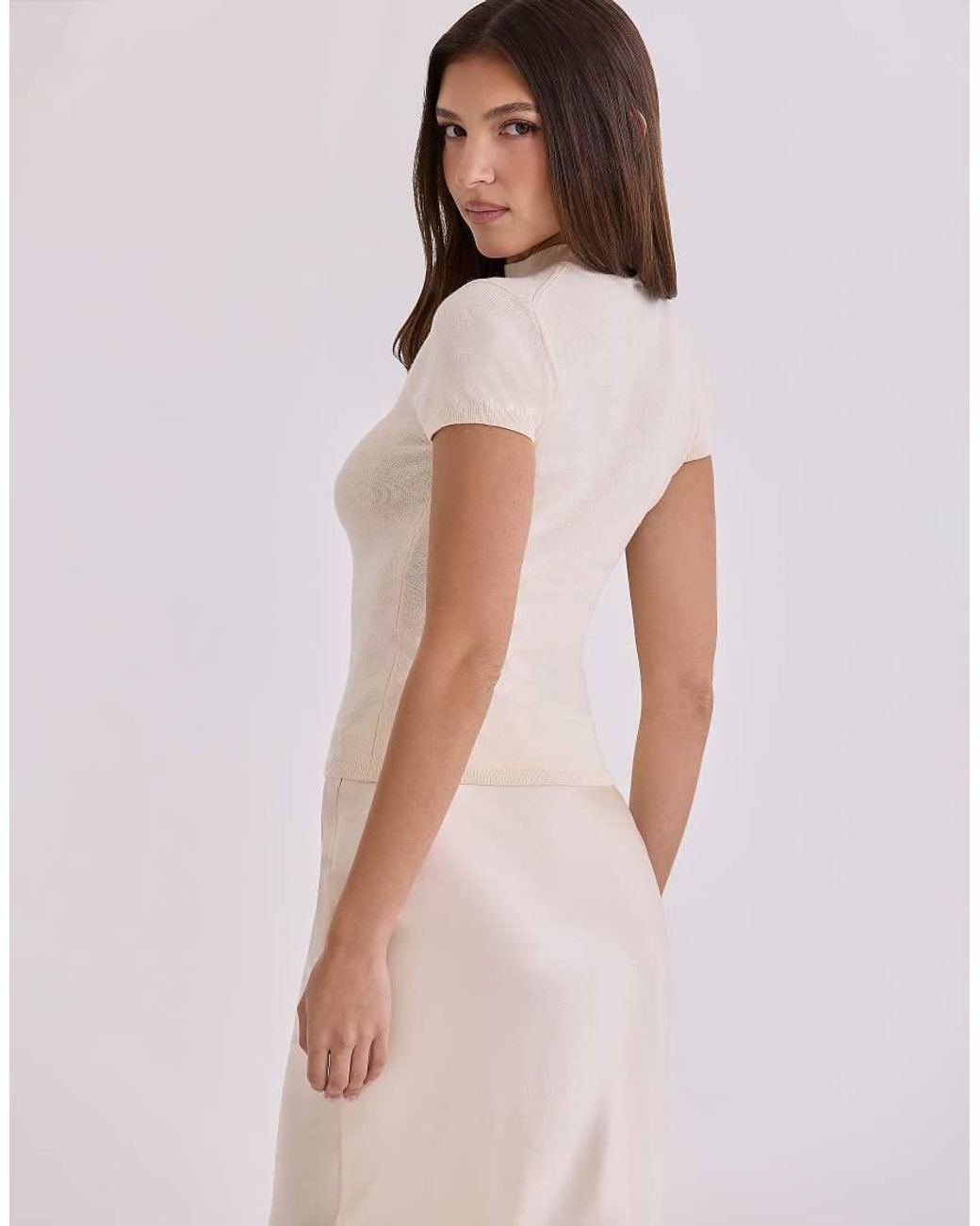 House Of Cb Natural Tamra Ivory Cotton Short Sleeve Top