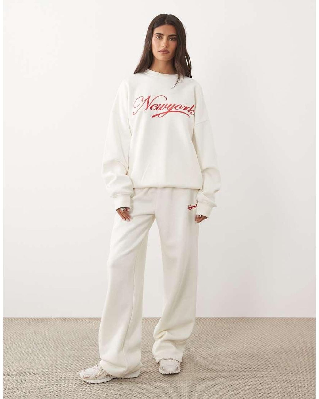 Kaiia White Cotton Rich Embroidered New York Script Logo Oversized Hoodie