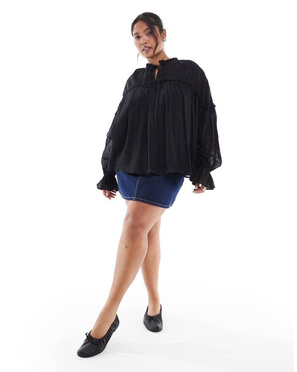 ASOS Blue Asos Design Curve Tie Neck Ruffle Detail Crinkle Long Sleeve Smock Top
