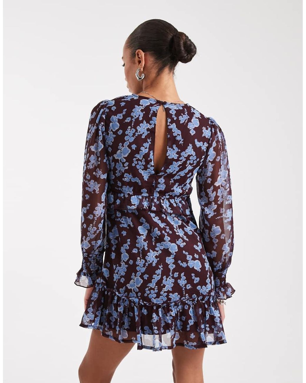 Wednesday's Girl Blue Floral Print Floaty V-Neck Mini Dress