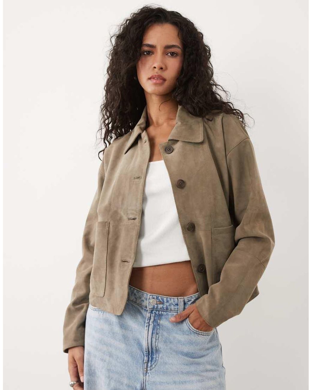Barney's Originals Natural Sage Goat Suede Cropped Harrington