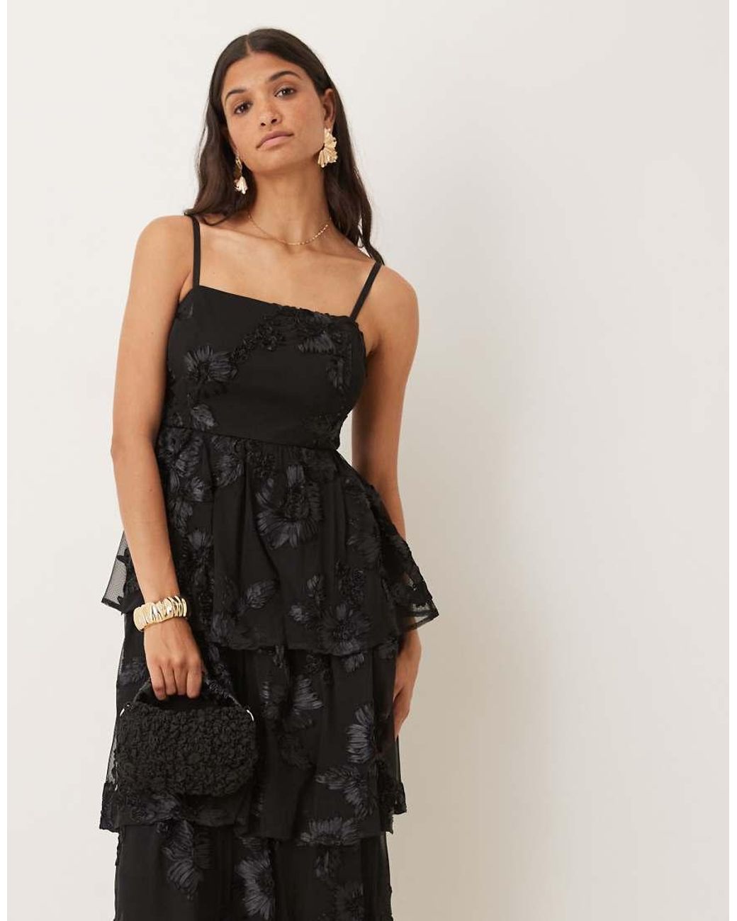 Maya Black Floral Tiered Cami Midi Dress