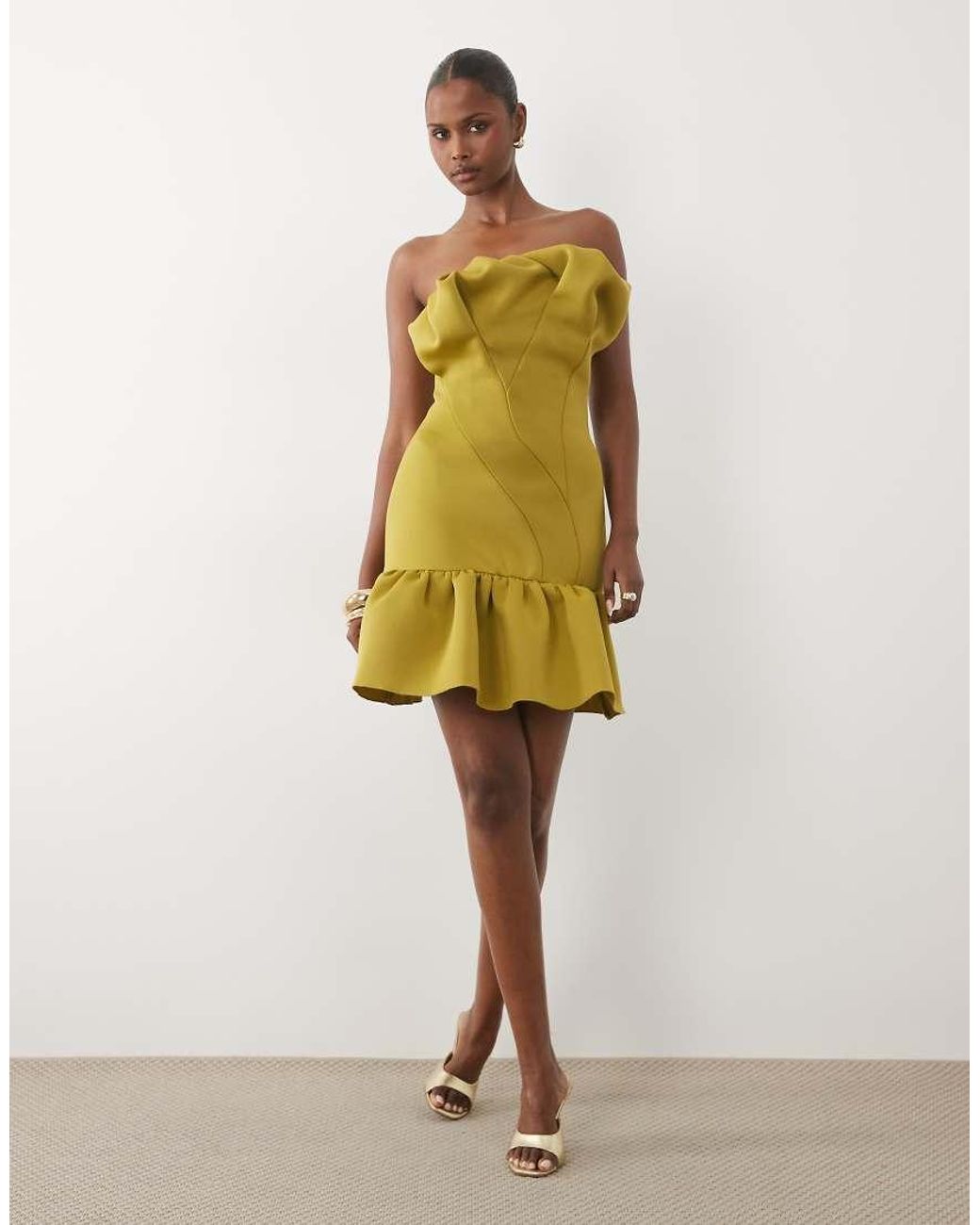 ASOS Green Structured Mini Dress With Scrunched Bardot