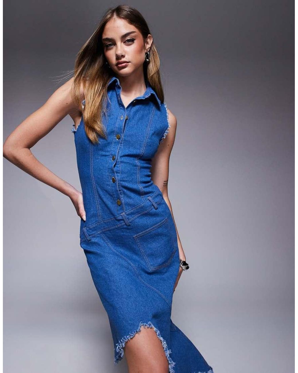 Goddiva Blue Denim Frayed Asymmetric Sleeveless Midaxi Shirt Dress
