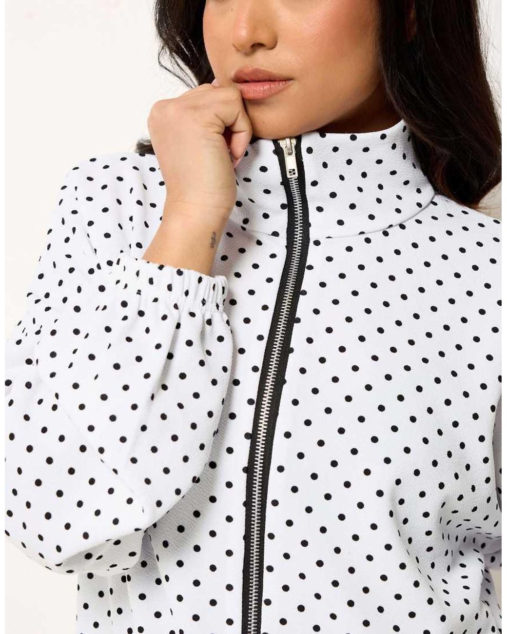 PixieGirl White Petite Polka Dot Funnel Neck Jacket