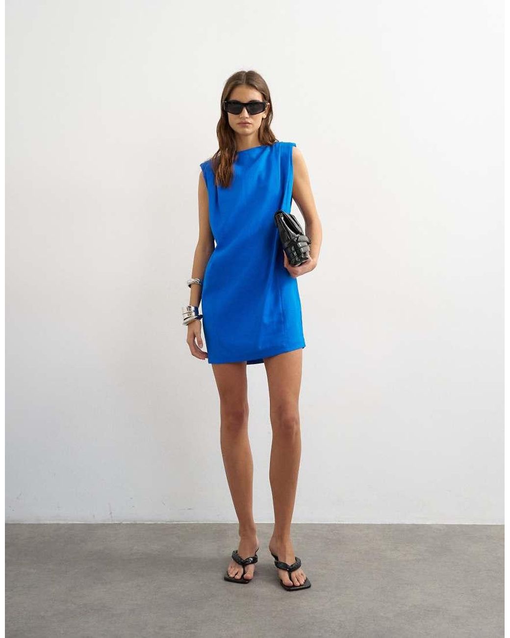 TOPSHOP Blue Linen Rich Exaggerated Shoulder Mini Dress