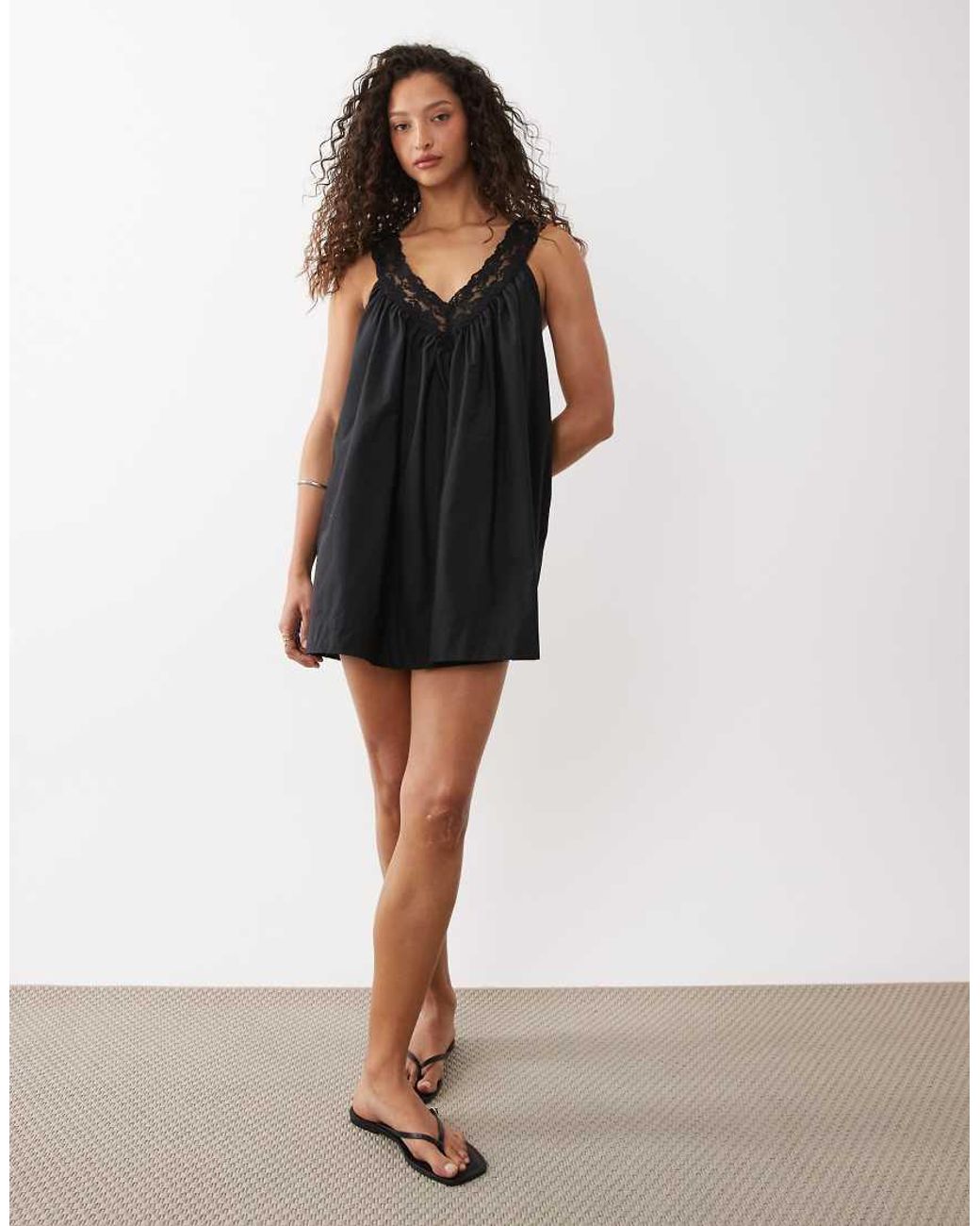 ASOS Black V Neck Smock Poplin Mini Sundress With Lace Overlay