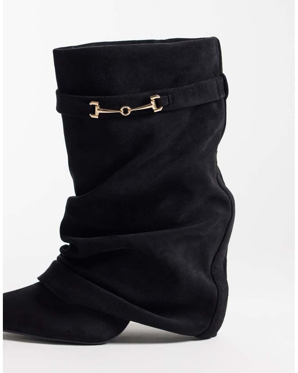 SIMMI Black Simmi London Wide Fit Sansa Fold Over Ruched Heeled Boots With Horsebit Detail
