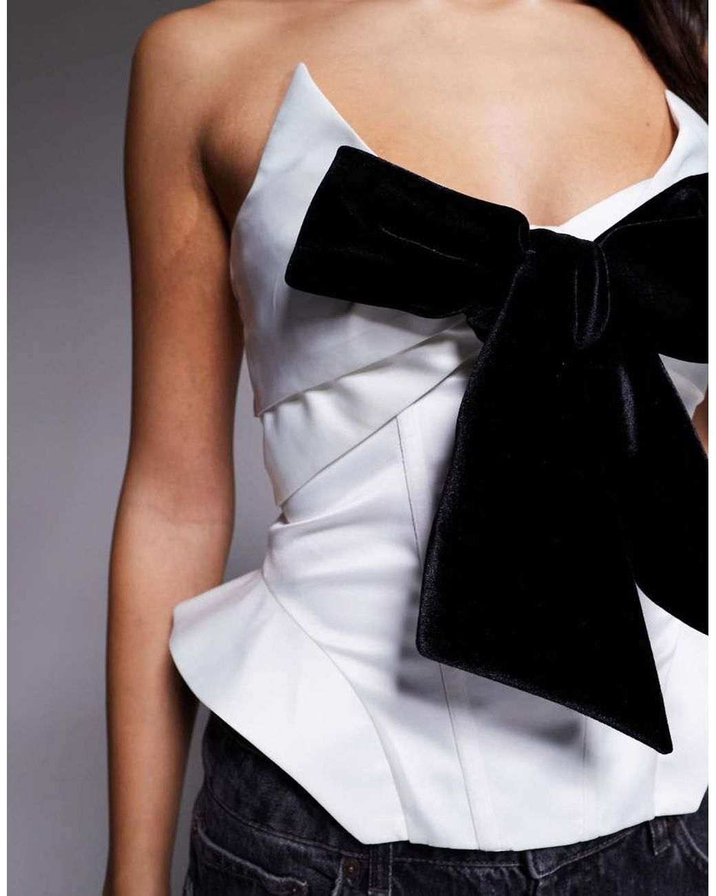 ASOS Gray Bonded Satin Corset Top With Velvet Bow