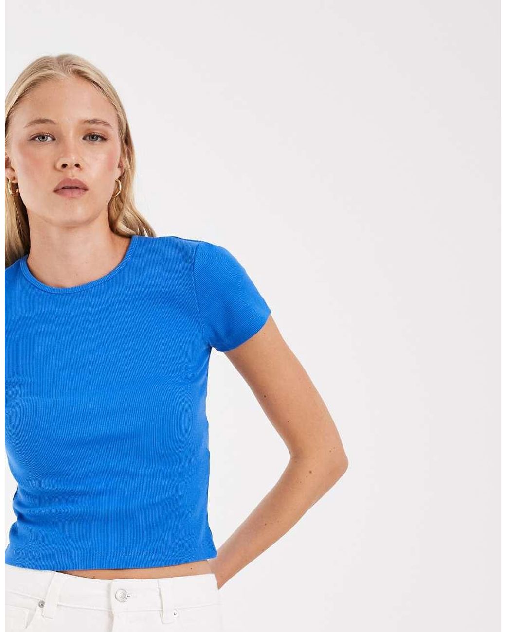 Vero Moda Blue Ribbed Round Neck T-shirt