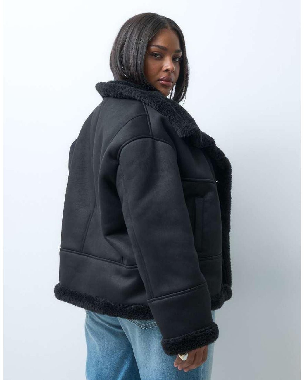 ASOS Blue Asos Design Curve Waterfall Collar Borg Lined Shearling Jacket