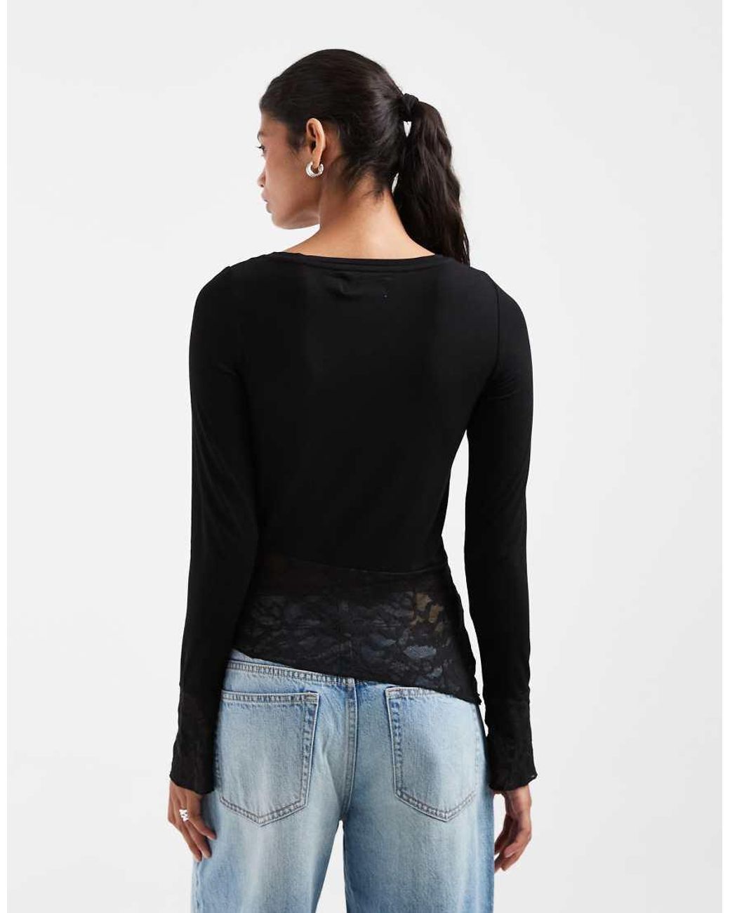Pieces Black Long Sleeve Asymmetric Lace Top With Cuff Details