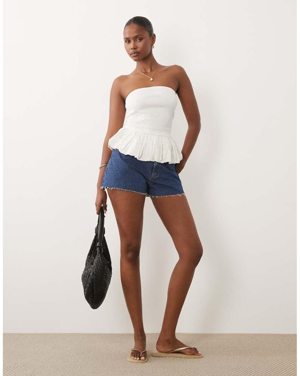 ASOS White Shirred Ruffle Hem Bandeau Top