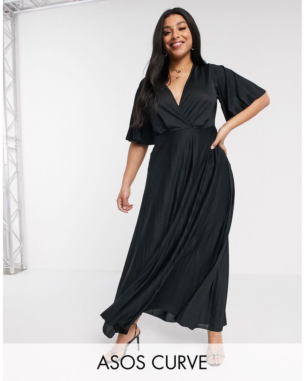asos design curve kimono pleated maxi skater dress