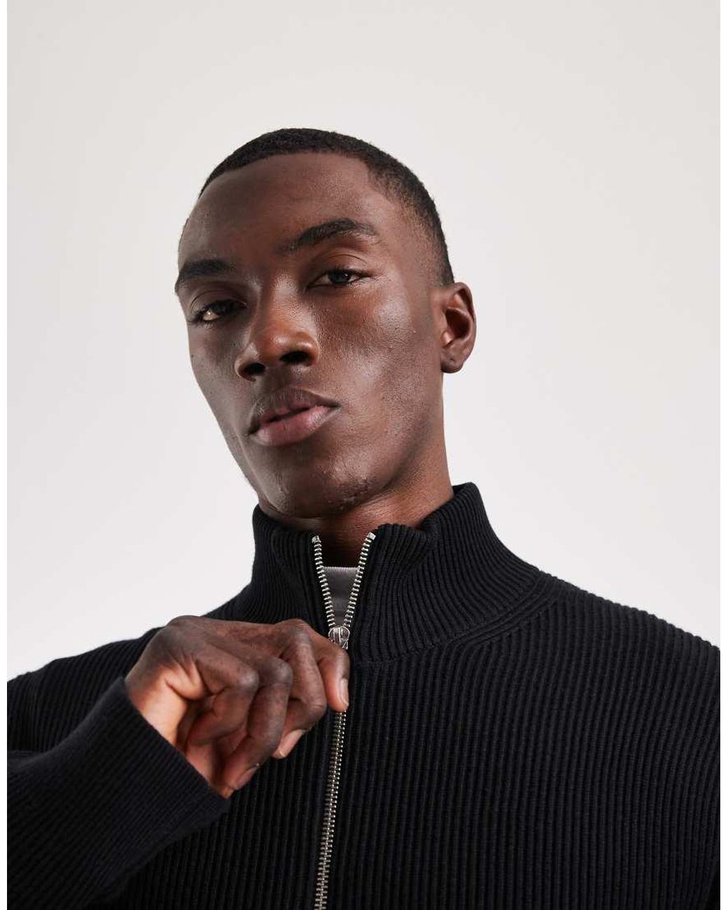 Jack & Jones Black Double Zip Ribbed Knit Cardigan for men