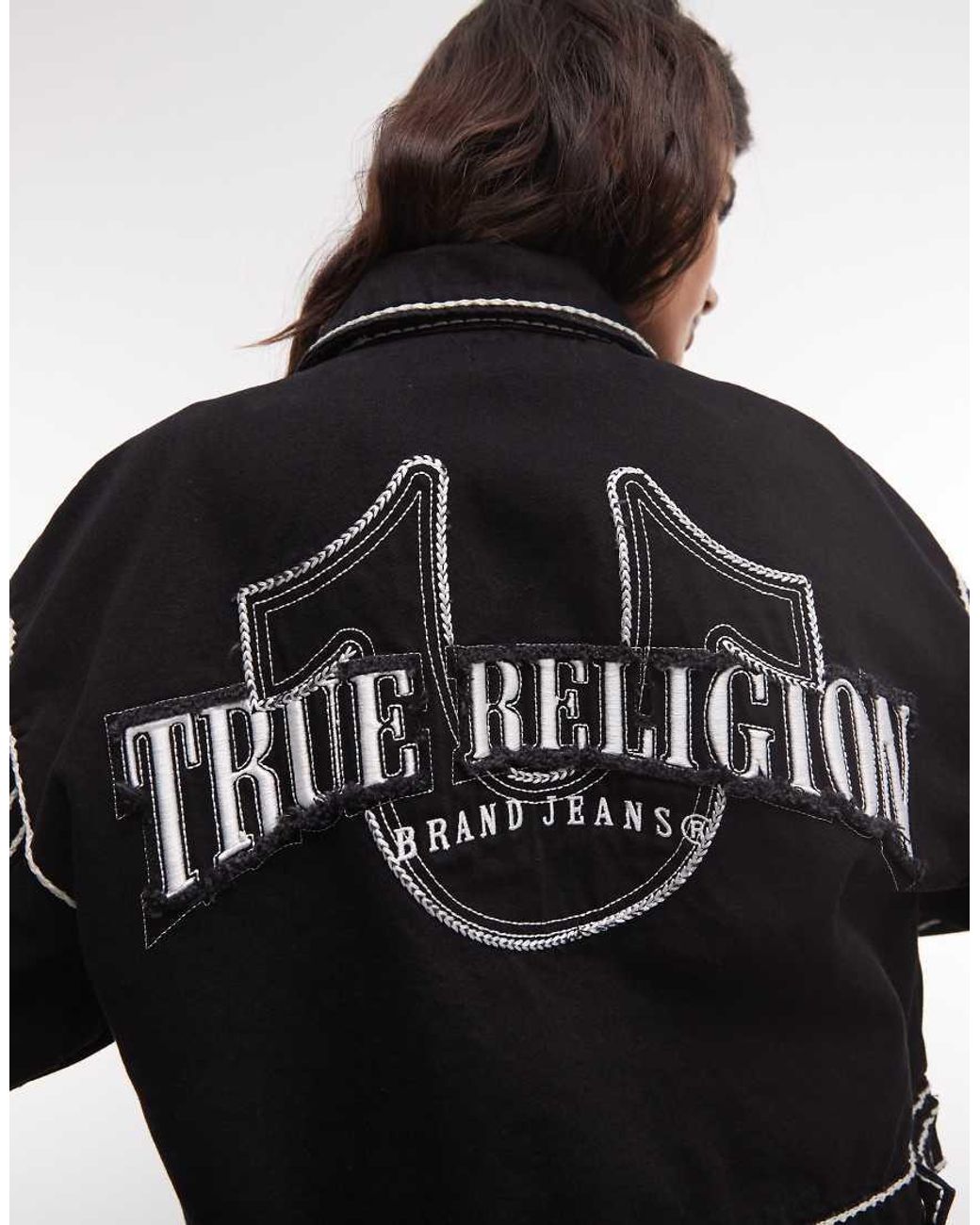 True Religion Black Rope Stitch Back Graphic Denim Jacket