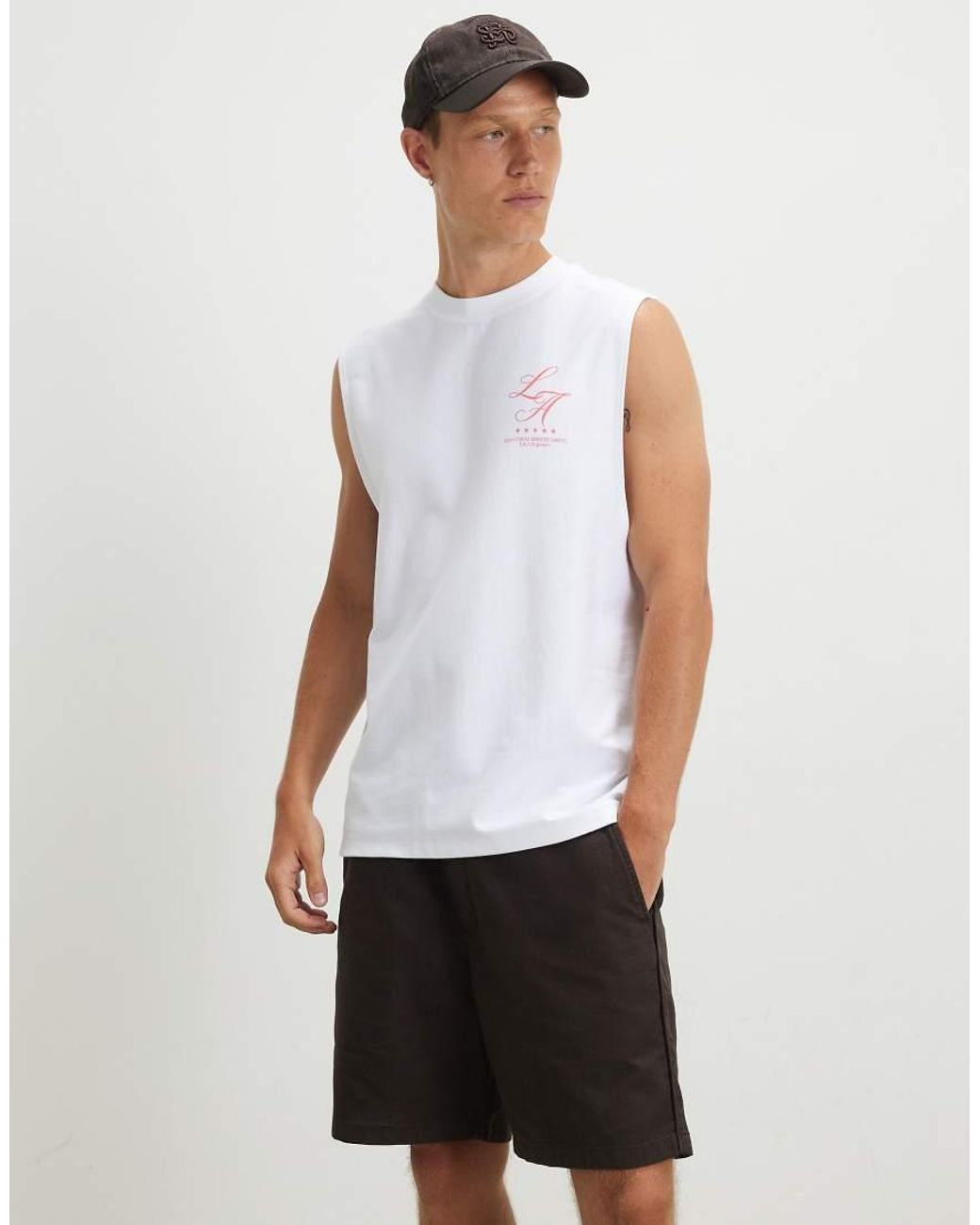 River Island White Regular Fit La Palm Tree Car Tank Top for men