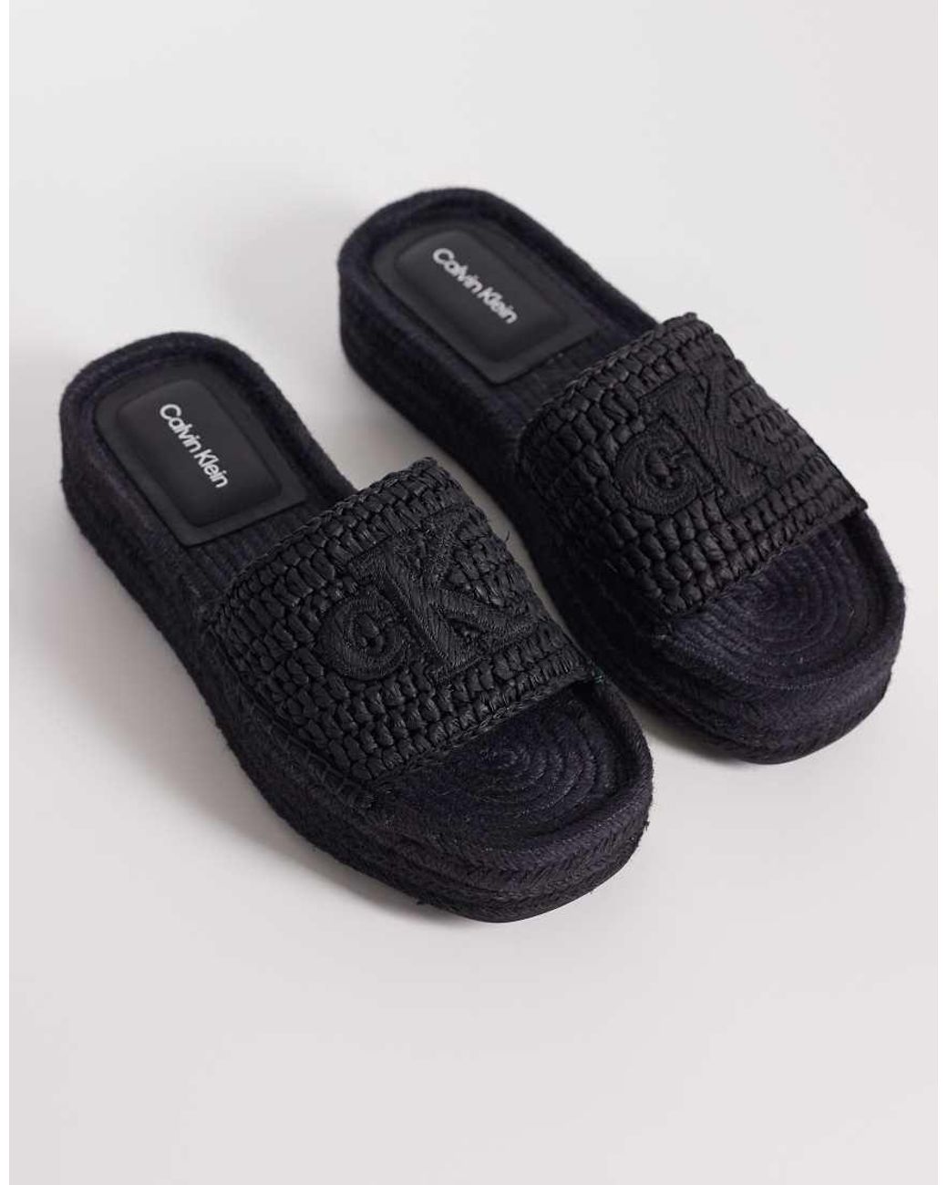 Calvin Klein Black Jeans Raffia Flatform Espadrille Sandals