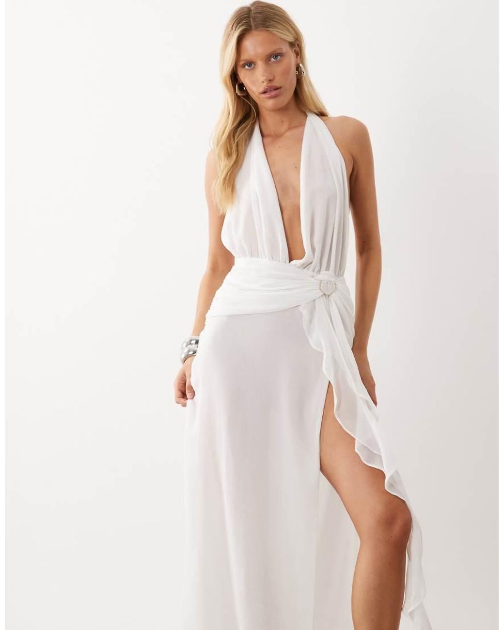 Oh Polly Natural Mesh Plunge Cowl Halter Neck Thigh Split Beach Maxi Dress