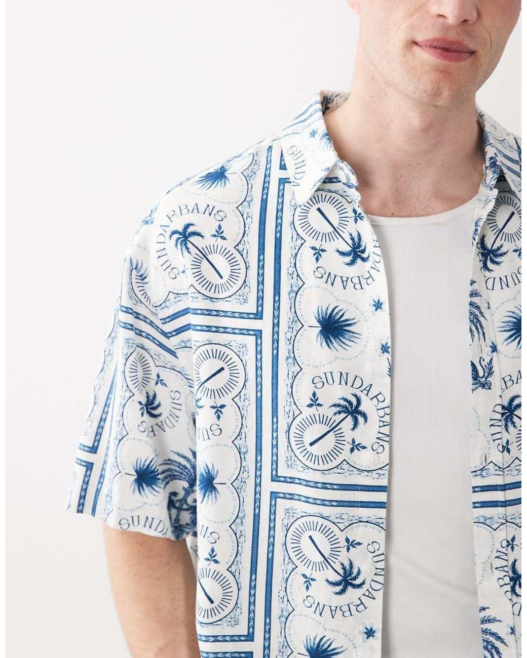 ASOS Blue Oversized Linen Blend Shirt With Tile Print for men