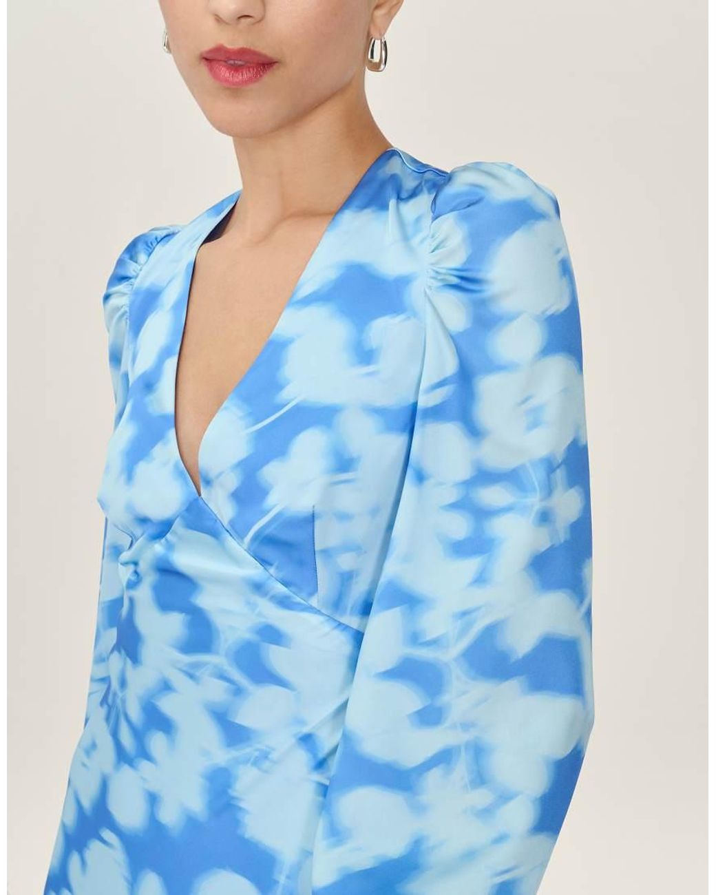 OMNES Blue Dresses Francoise Long Sleeve Floral Satin Maxi Dress With Open Back