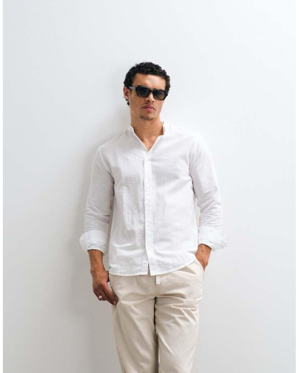 Only & Sons White Linen Mix Grandad Collar Shirt for men