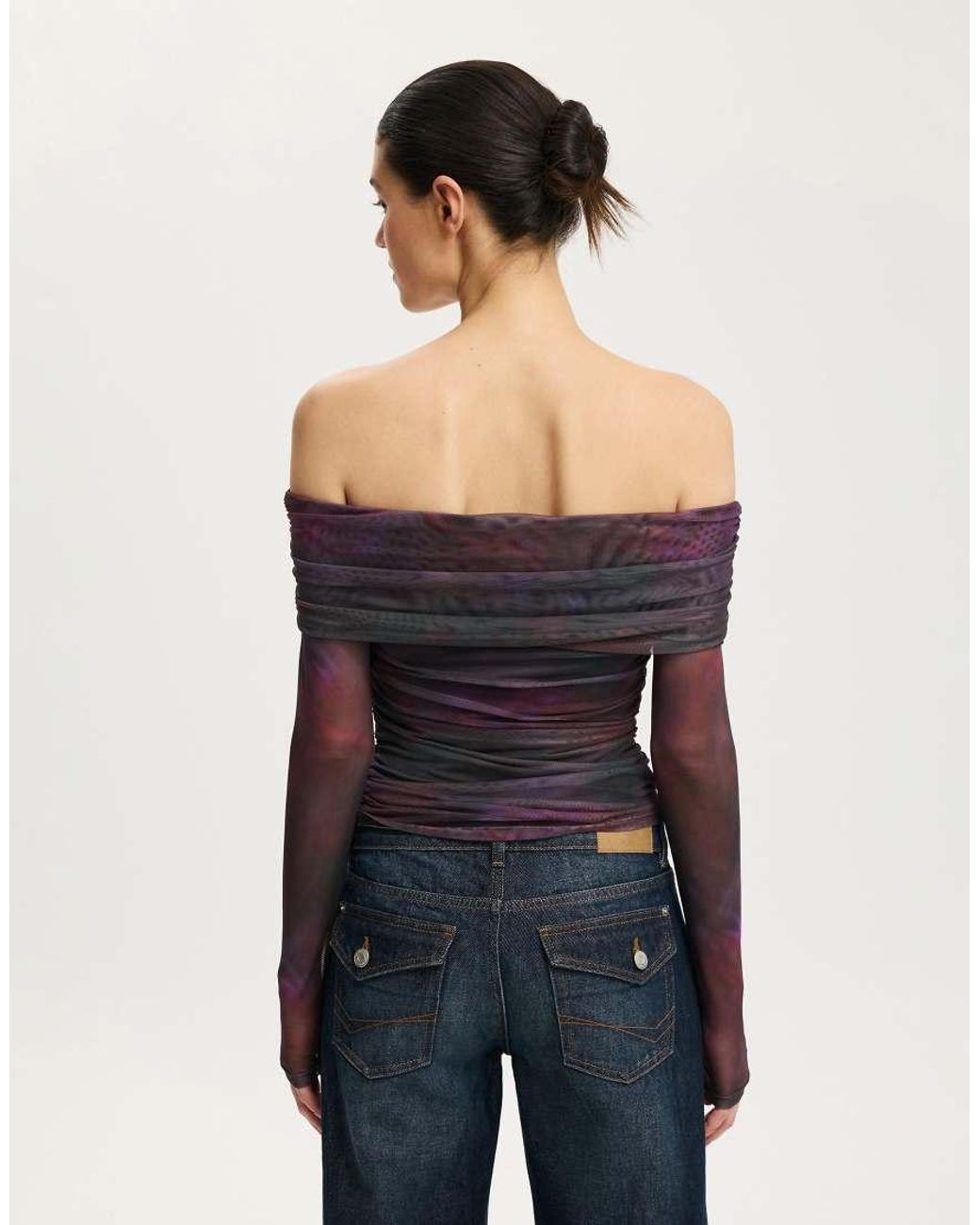 Cotton On Blue Ashley Off Shoulder Mesh Long Sleeve Top