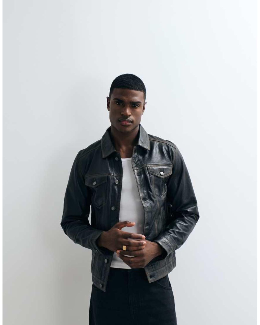 Barney's Originals Black Washed Real Leather Trucker Jacket for men