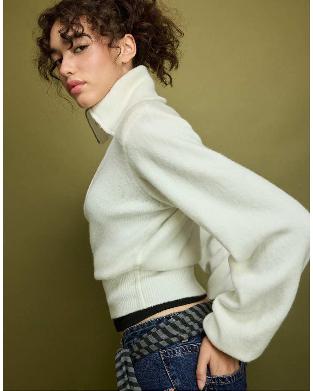 Stradivarius Green Knit Jumper With Padded Shoulders And Quarter-zip