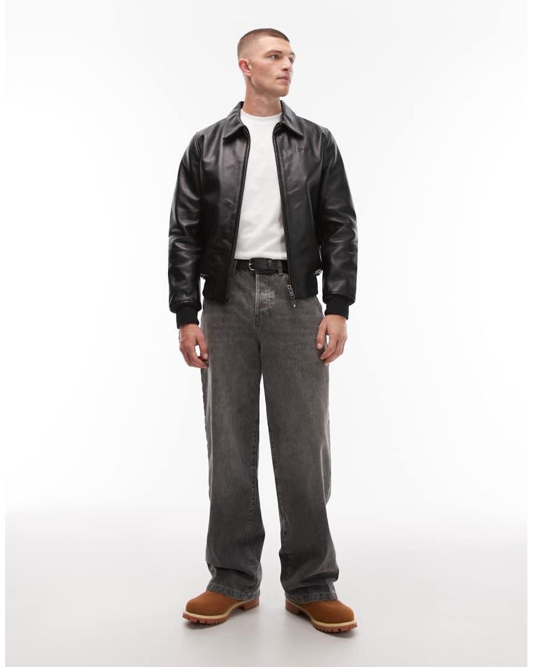 Schott Nyc Black Premium Real Leather Collar Detail Bomber Jacket for men