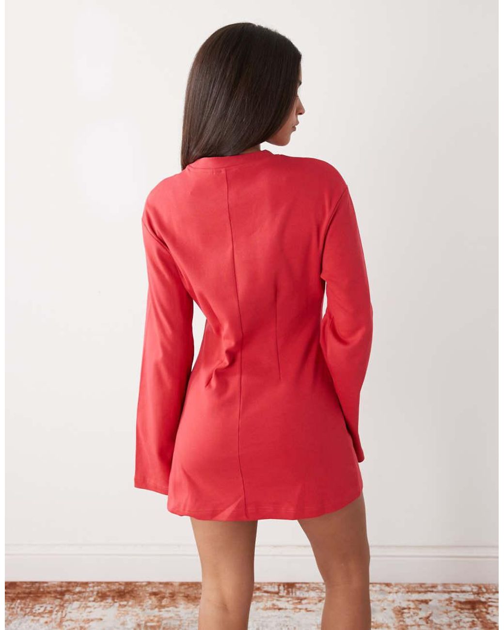 Monki Red Cinched Waist Long Sleeve Mini Dress