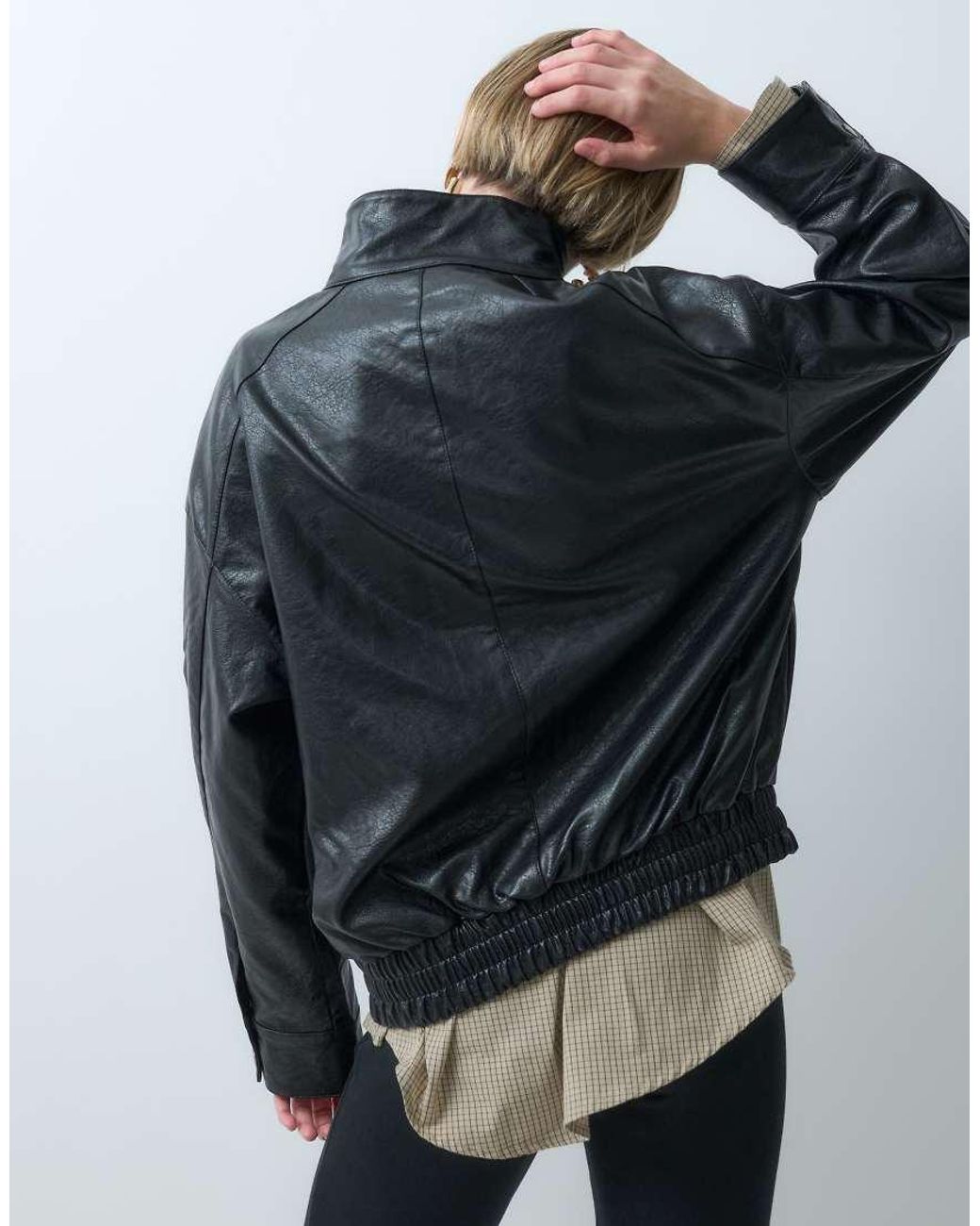 ONLY Gray Faux Leather Oversized Bomber Jacket