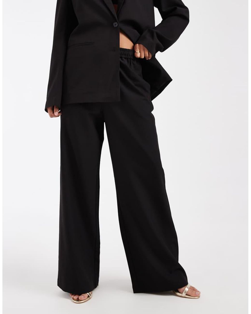 Pieces Black Wide Leg Tie Waist Tailored Trousers Co-ord
