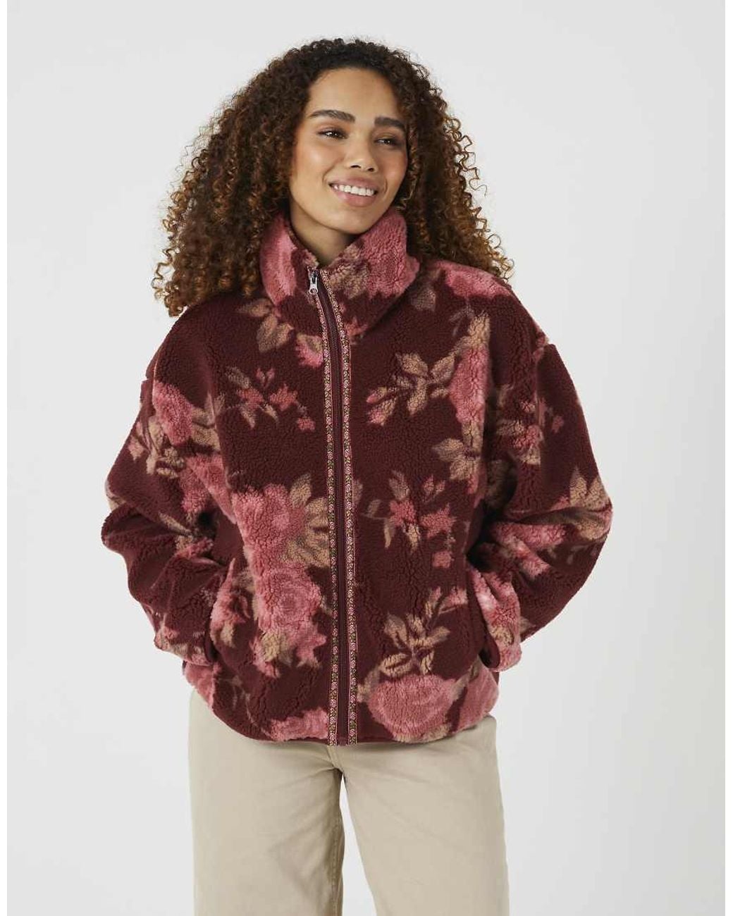 Brave Soul Red Sherpa Fleece Floral Print Sweatshirt
