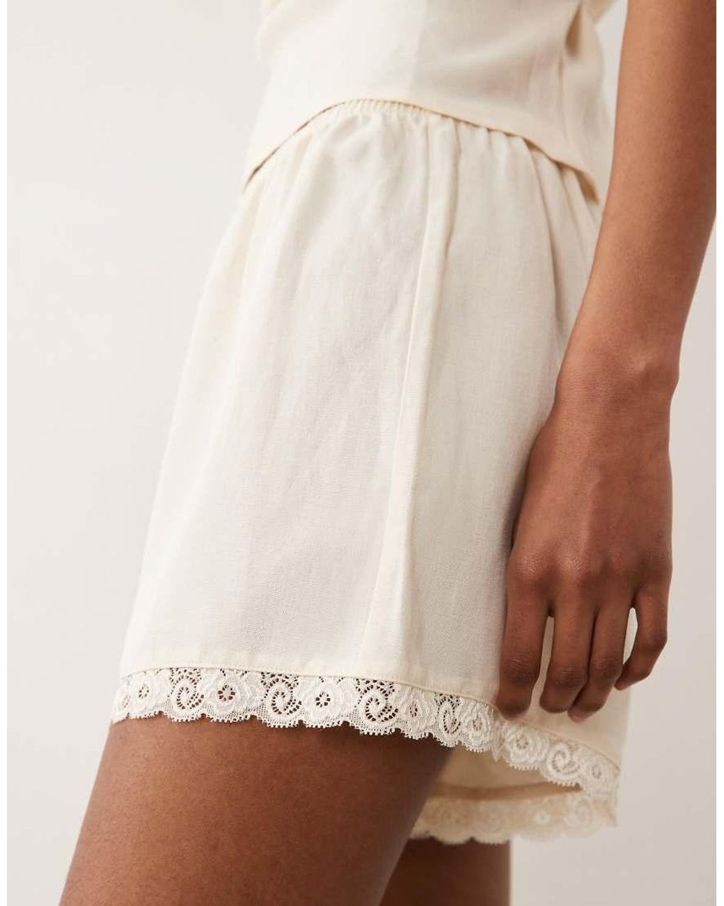 ASOS Natural Linen Blend Pull On Short With Lace Trim